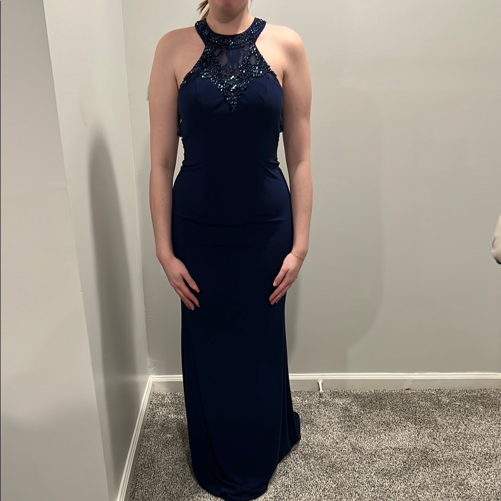 Elegant Navy Blue Halter Dress